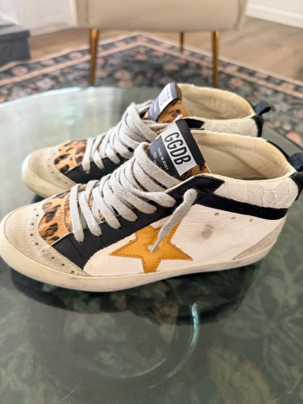 Golden Goose MID STAR White Sneakers with Yellow Star & Leopard Accent - Picture 6 of 7